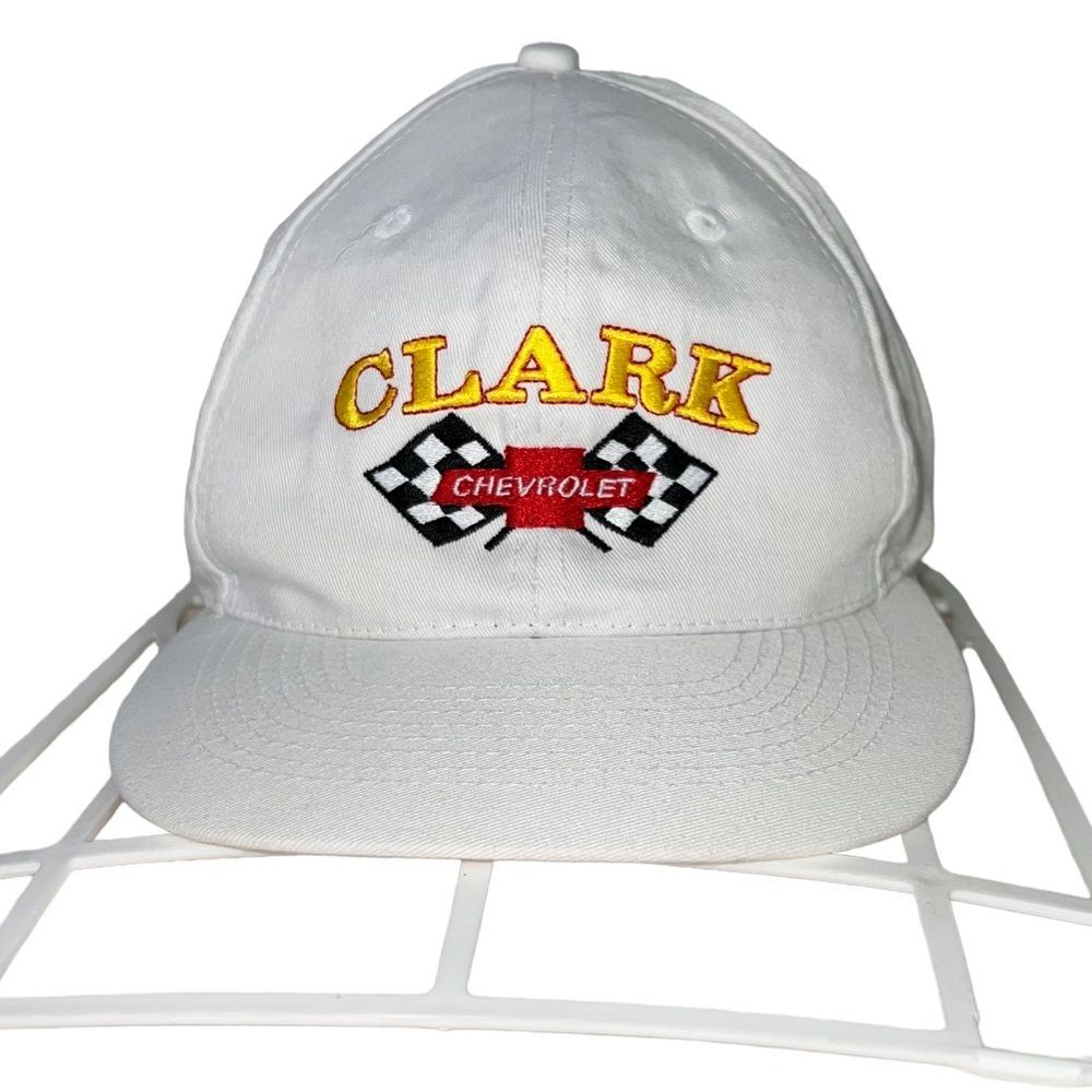 Vintage Clark Chevrolet Baseball Hat Cap Snap Back White Checkered Flag Chevy